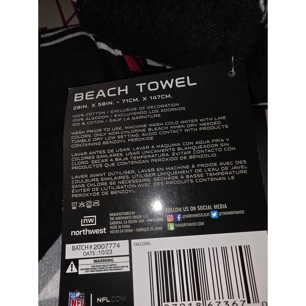2 NFL Atlanta Falcons Beach Towel 28x58 Cotton Northwest Red Black White New - Picture 2 of 2